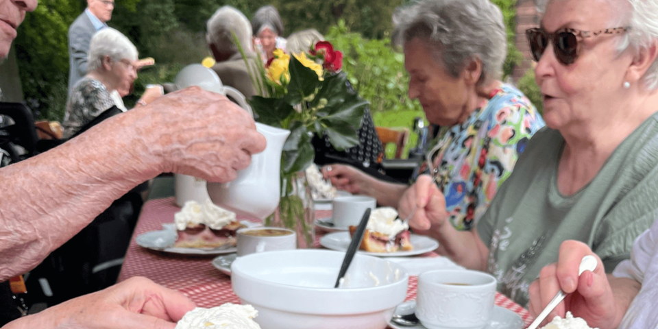 Detail eines gedekcten Kaffeetischs mit Obstkuchen und Sahne
