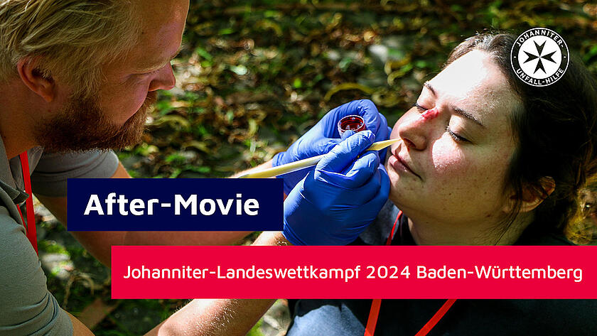 Mann schminkt Frau eine realistische Wunde, darüber der Text "Aftermovie Landeswettkampf der Johanniter in Baden-Württemberg"