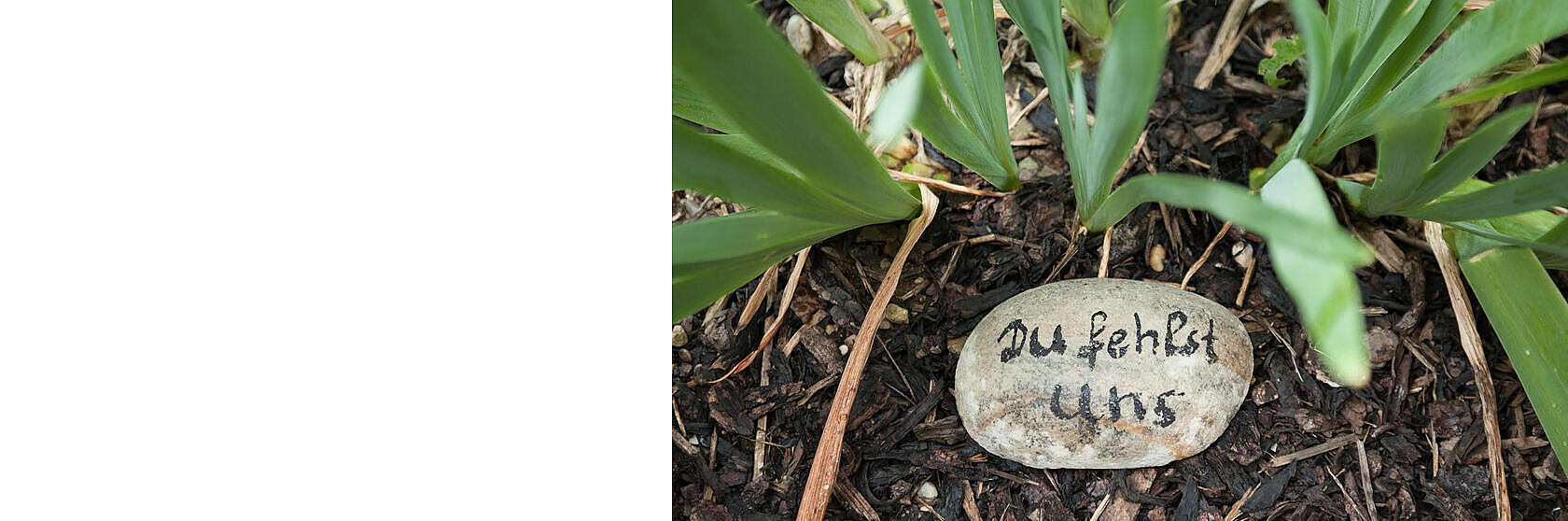 Ein Stein mit der Aufschrift "Du fehlst uns" liegt in der Erde