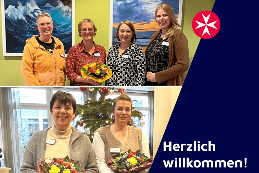 Eine Collage aus Gruppenbildern von insgesamt sechs Frauen. Drei von ihnen halten Blumensträße in den Händen.