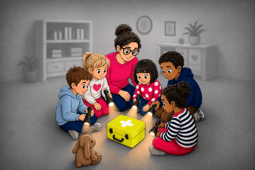 KI-generiertes Bild: Eine Gruppe von Kindern sitzt mit einer Erwachsenen in einem Raum im Kreis und sie schauen gespannt auf eine kleine gelbe, leuchtende Erste-Hilfe-Box in der Mitte. Gegenüber von der Box ist ein Kuscheltier. Die Erwachsene erklärt etwas, alle wirken aufmerksam und neugierig.