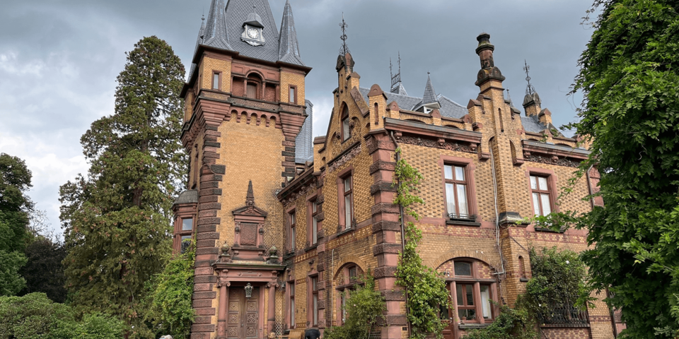Menschen in Rollstühlen vor einem kleinen Schloss