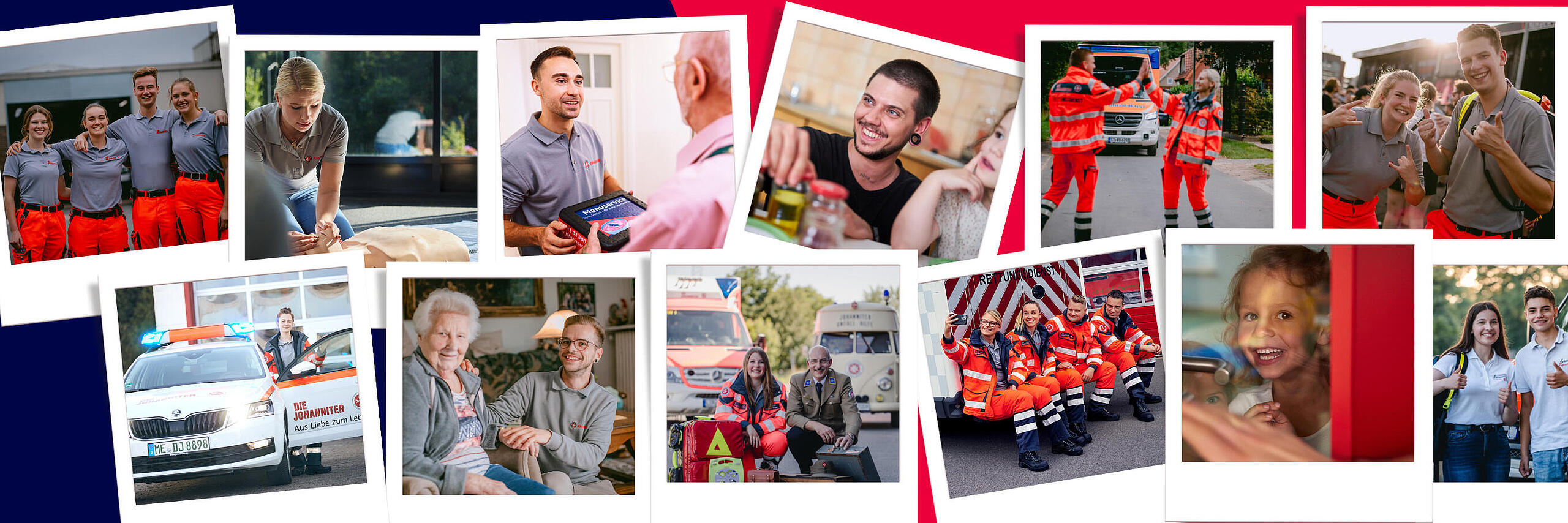 Eine Collage von polaroidartigen Fotos, die nebeneinander auf einem Hintergrund in den rot-blauen Johanniter-Farben kleben. Auf den Fotos sind die wichtigsten und bekanntesten Dienste und Leistungen der Johanniter zu sehen, so beispielsweise ehrenamtliche Helfende im Sanitätsdienst auf einem Konzert, eine Erste-Hilfe-Trainerin mit einer Übungspuppe, Rettungskräfte der Johanniter vor einem Rettungswagen, ein Kind aus einer Johanniter-Kindertageseinrichtung oder ein Mitarbeiter aus dem Johanniter-Pflegedienst in Kontakt mit einer Kundin.